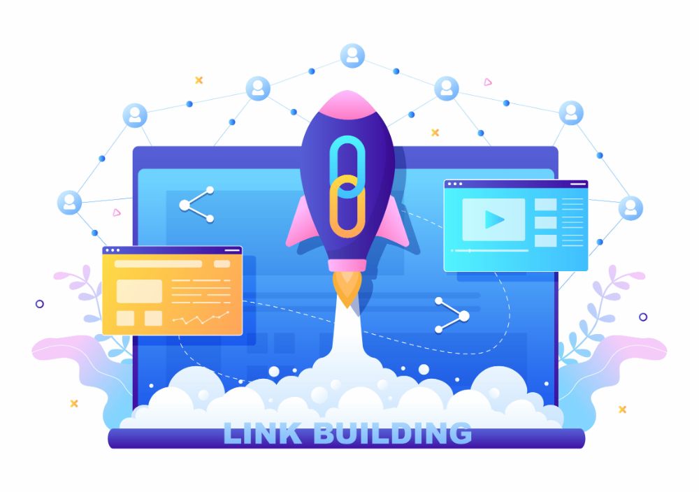 A rocket coming off a page showing link building can improve ranking positions